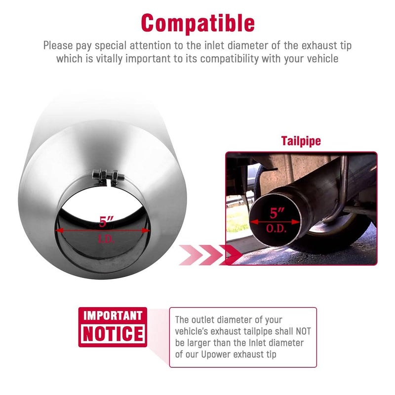 Upower 5" Inlet 10" Outlet Exhaust Tip 5 to 10 Inch 18" Long Diesel Exhaust Tailpipe Tip Stainless Steel Rolled Edge Bolt-On Diesel Pipe Universal For Car Truck - Image 2